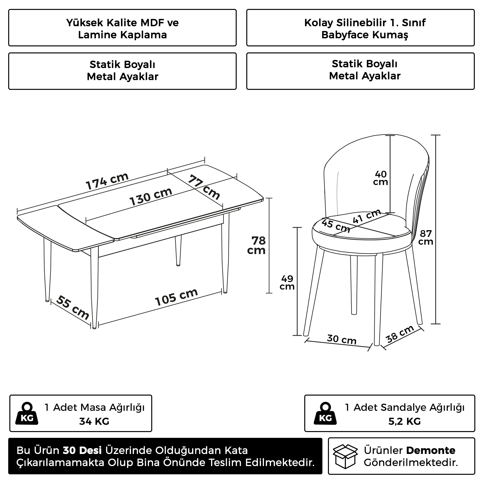 Asfel Serisi MDF 77x130 Beyaz Yandan Açılabilir Mutfak Masa Takımı 4 Sandalye