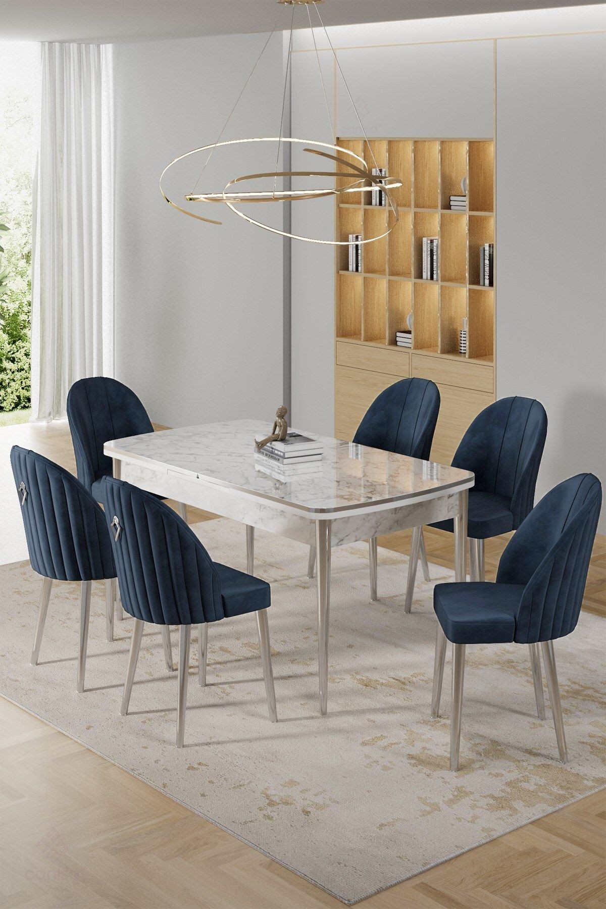 Rada Serisi 80x132 Açılabilir Lak Panel Beyaz Mermer Desen Masa ve 6 Sandalye Krom Kaplama Ayak
