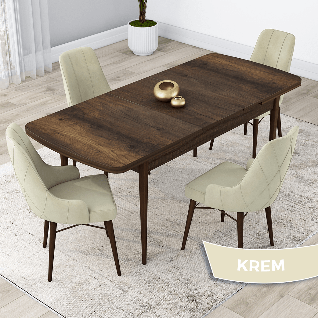 Lia Serisi 80x132 Açılabilir Barok Ahşap Desen Masa Takımı ve 4 Sandalye