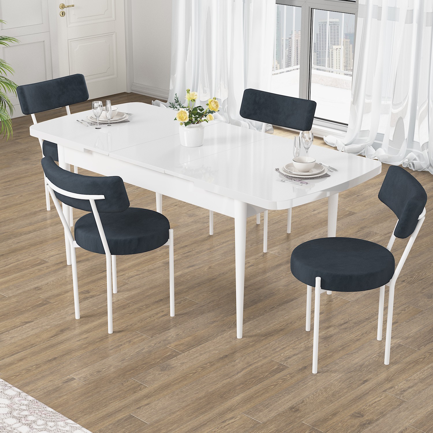 Puka Serisi 80x132 Açılabilir Beyaz Masa Takımı ve 4 Sandalye