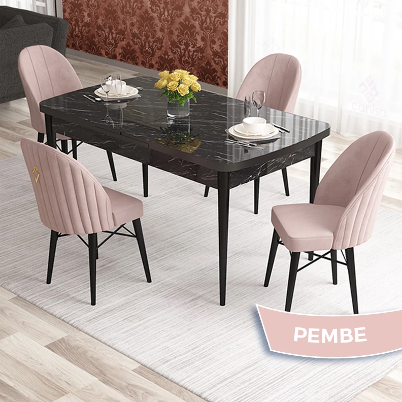 Pembe Sandalye Siyah Mermer Desen Masa