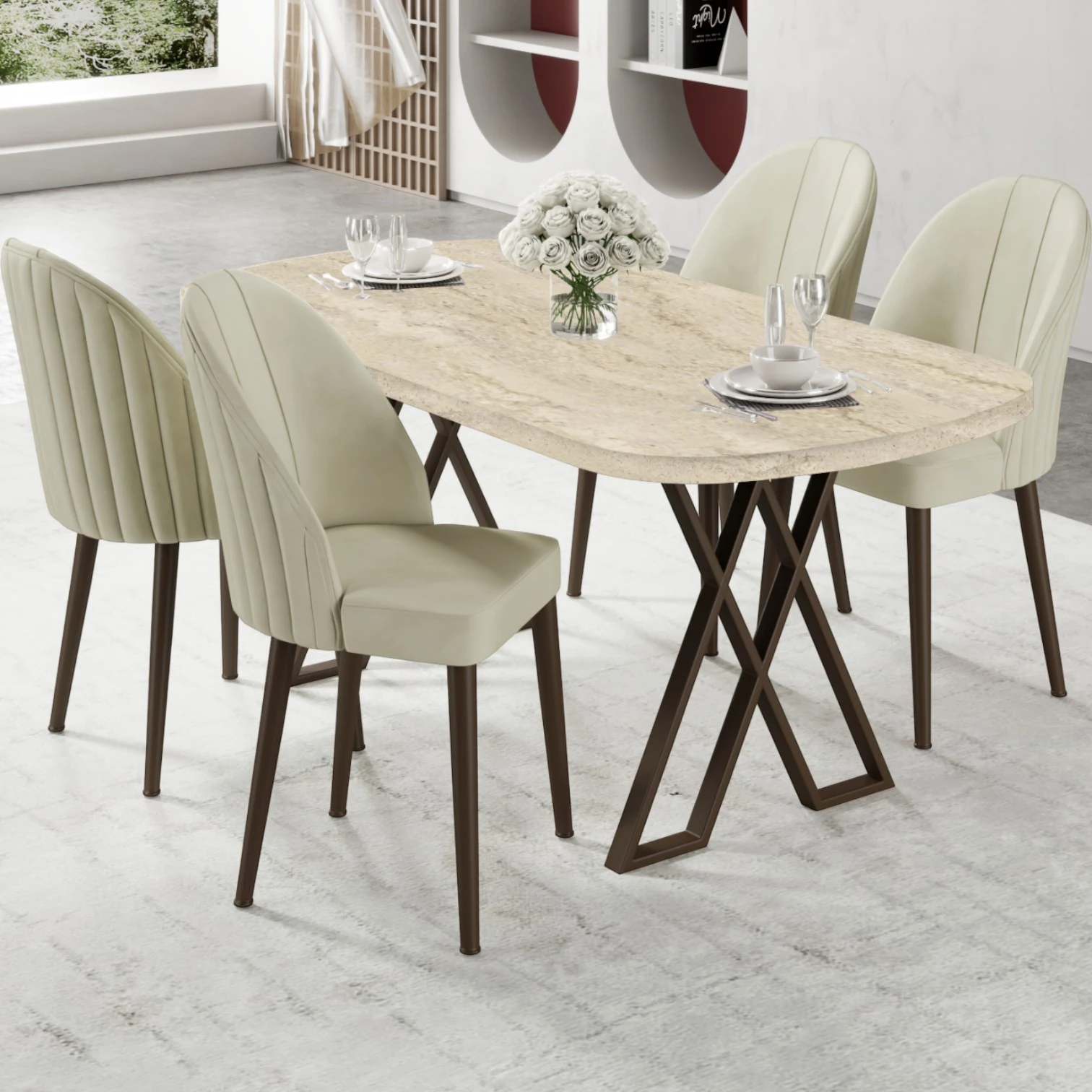 Traverten masa Krem Sandalye