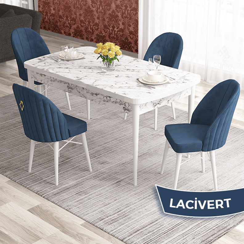 Masa Beyaz Mermer Desen Sandalye lacivert