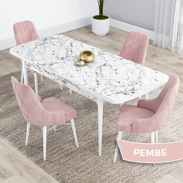 beyaz mermer desen masa, pembe sandalye