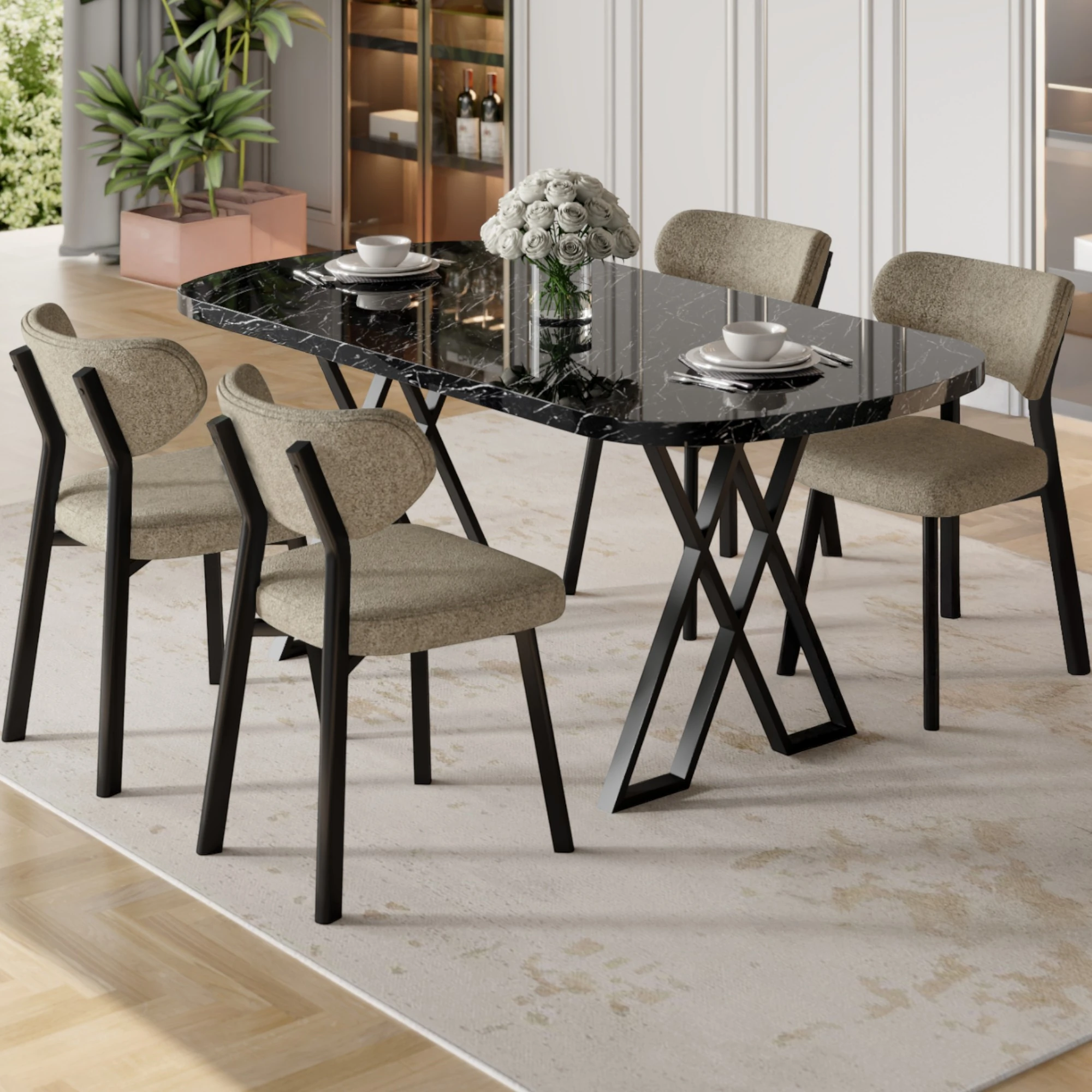 Axton Serisi Sabit Mdf 90x168 Siyah Mermer Desen Mutfak Masa Takımı 4 Sandalye