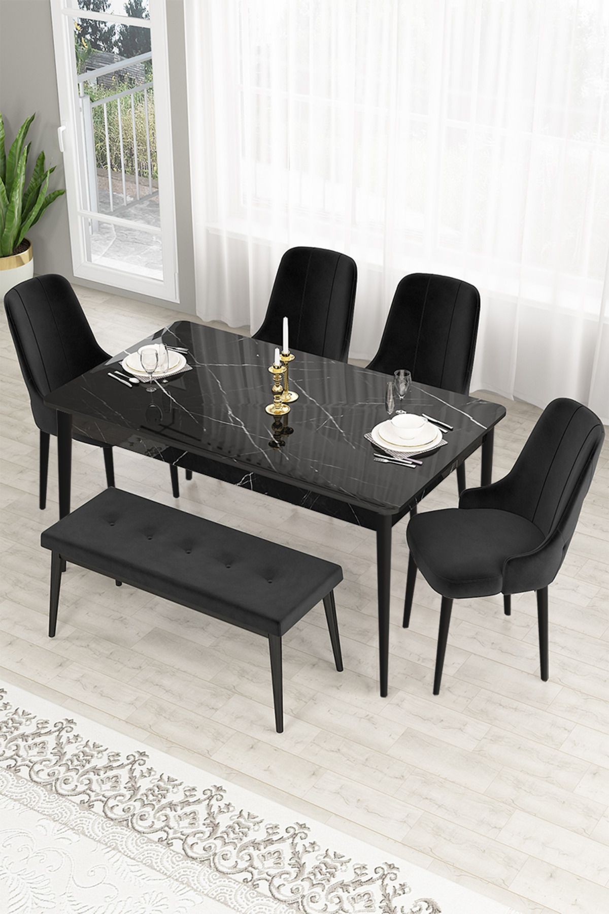 Lav Serisi 80x130 Sabit Siyah Mermer Desen Masa Takımı 4 Sandalye Ve 1 Bench