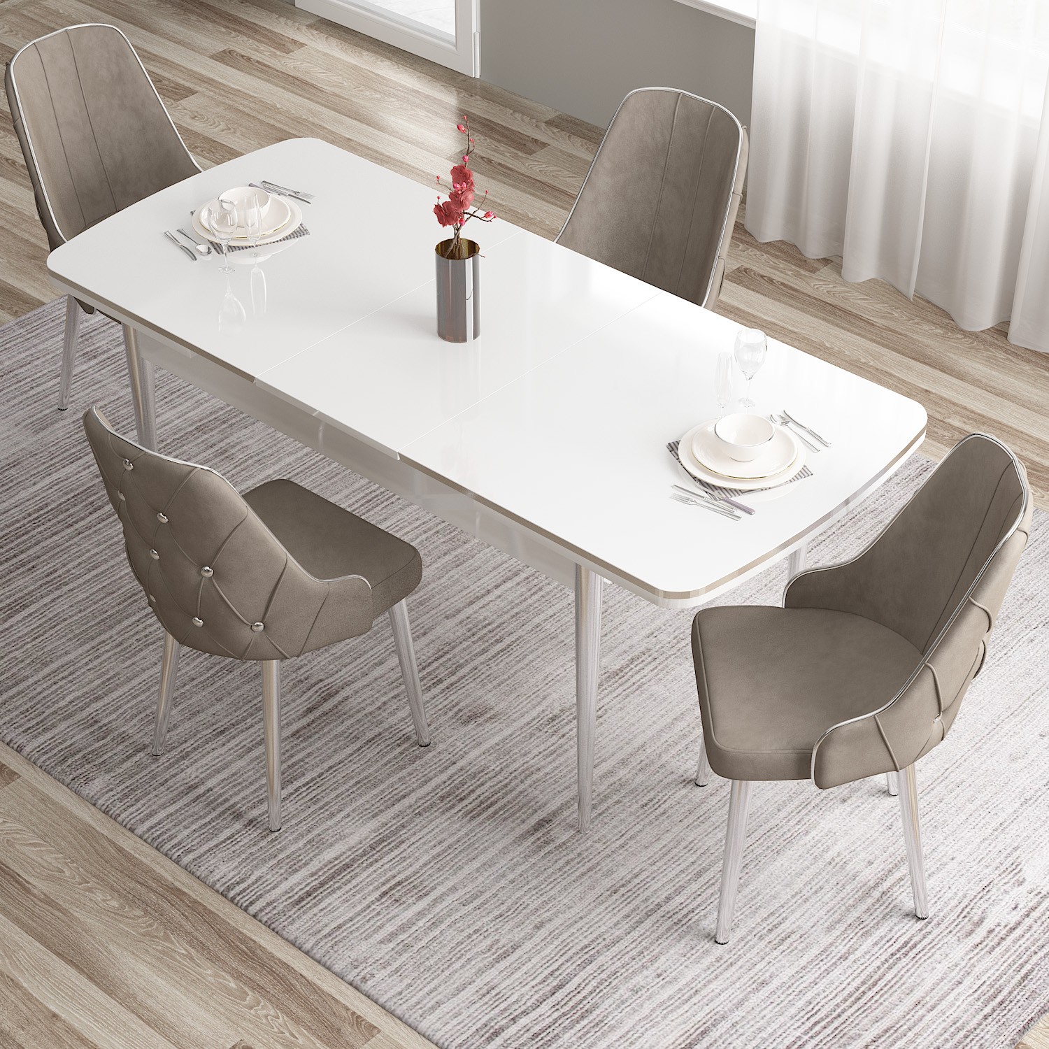 Tia Serisi 80x132 Mdf Açılabilir Krom Ayak Beyaz Masa Takımı Ve 4 Sandalye