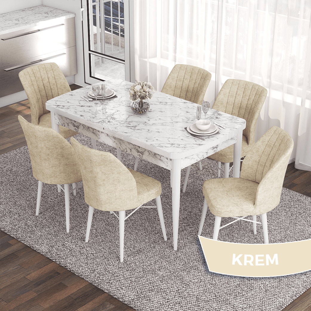 Eva Serisi 80x132 Açılabilir Mdf Beyaz Mermer Desen Masa Takımı Ve 6 Sandalye