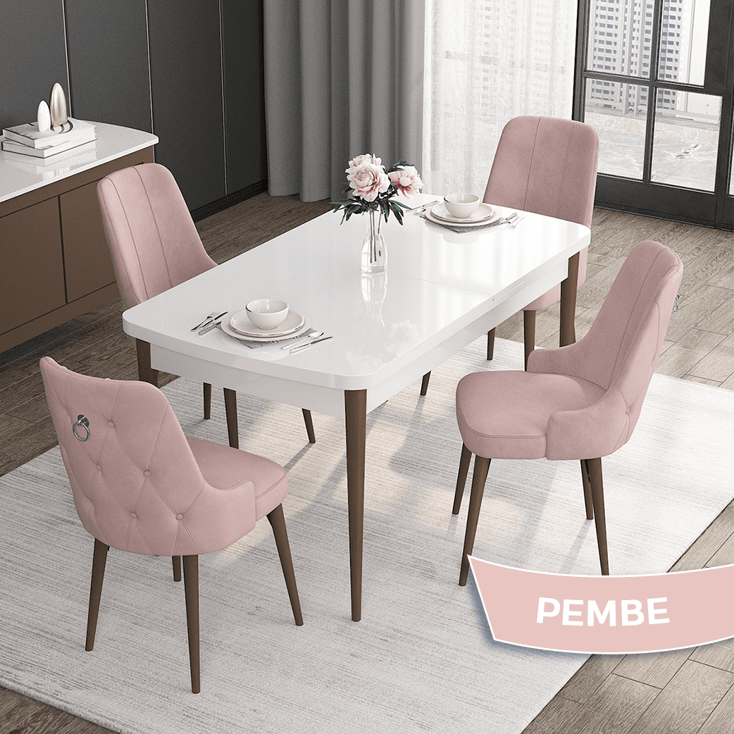 beyaz masa cevi̇z ayak pembe sandalye