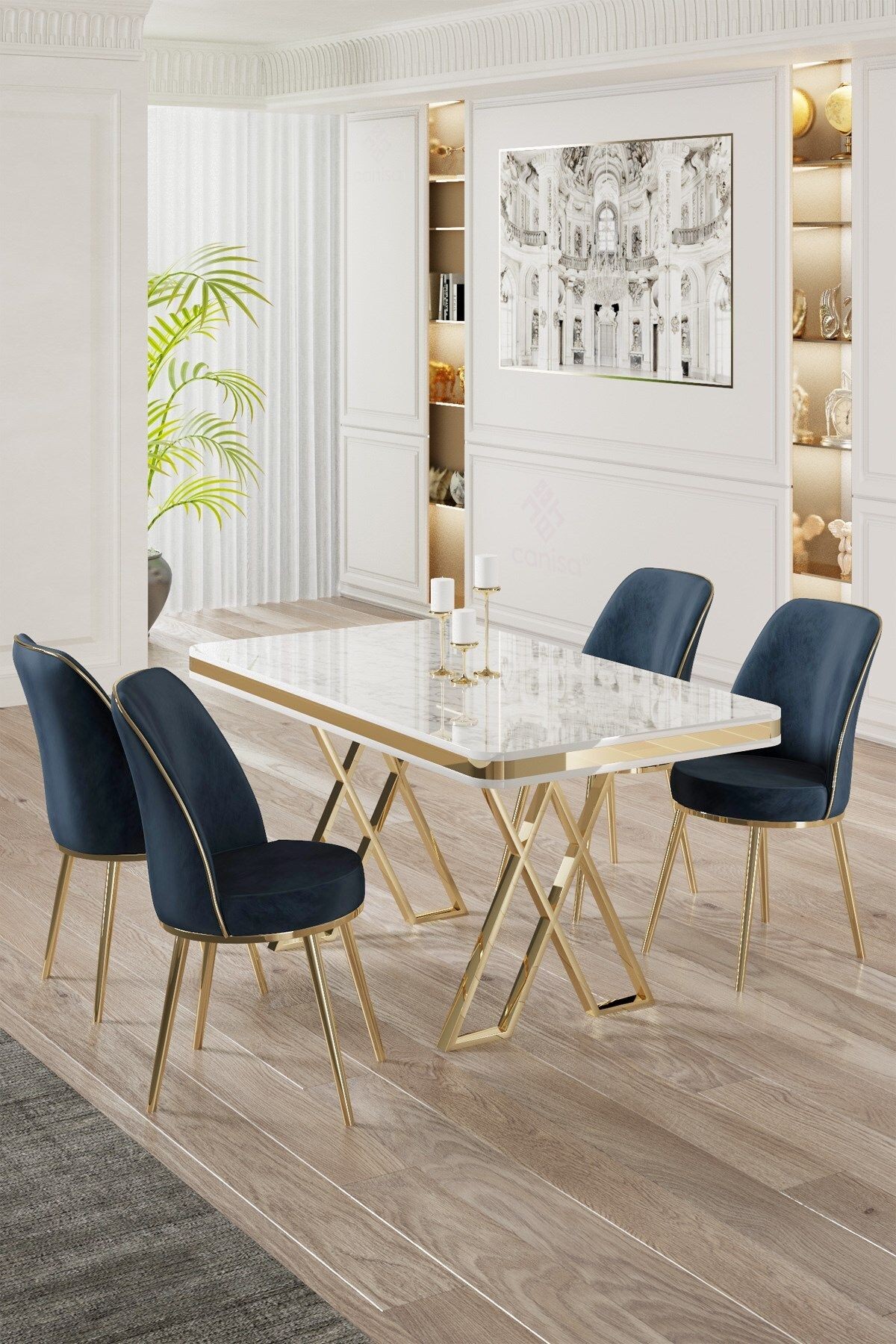 Vals Serisi 80x130 Lak Panel Beyaz Mermer Desen Masa ve 4 Sandalye Gold Kaplama Ayak