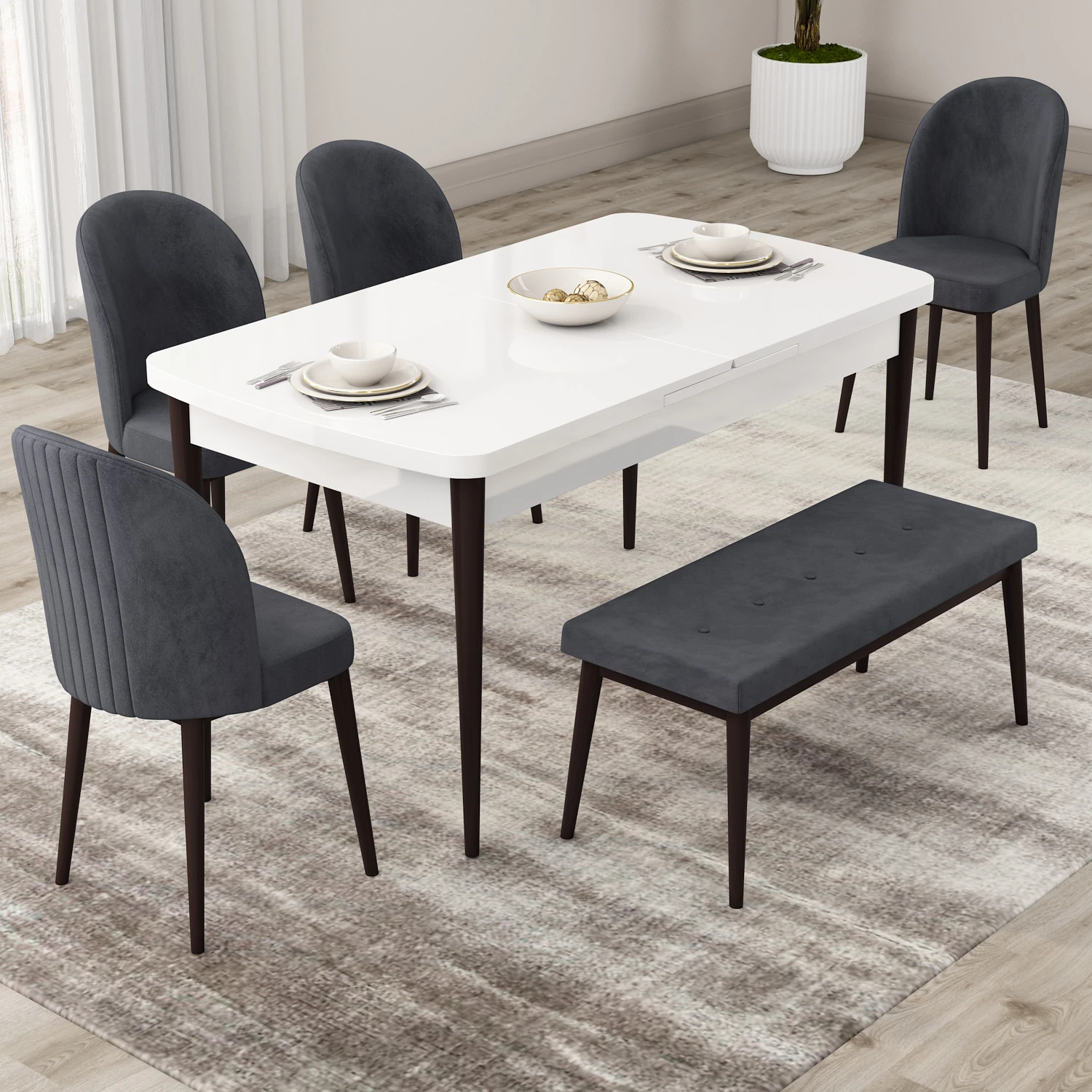 Roe Serisi 80x132 Açılabilir Beyaz Masa Kahverengi Ayak Masa Takımı 4 Sandalye Ve 1 Bench