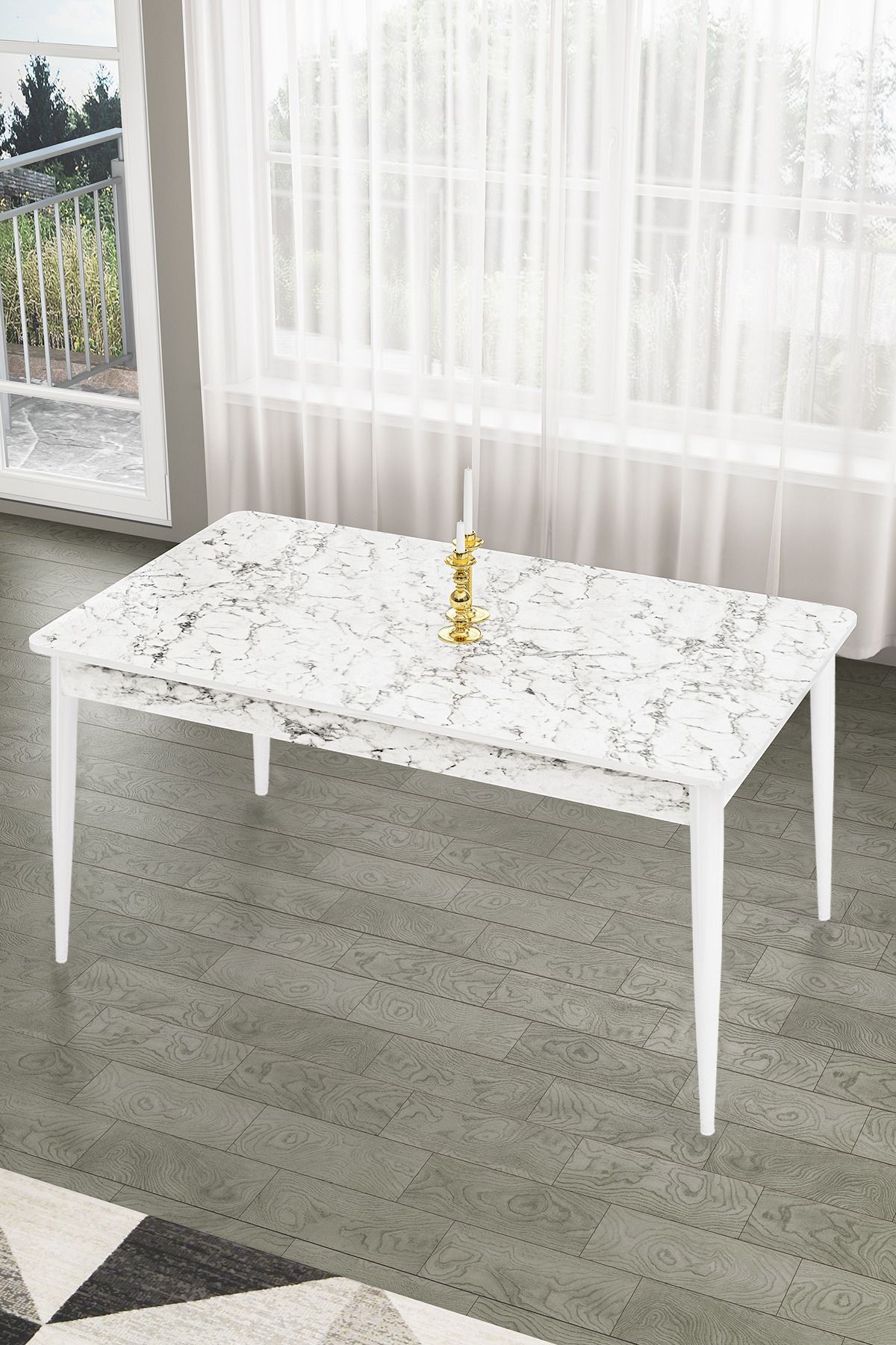 Lav Serisi 80x130 Sabit Beyaz Mermer Desen Masa Takımı Ve 6 Sandalye