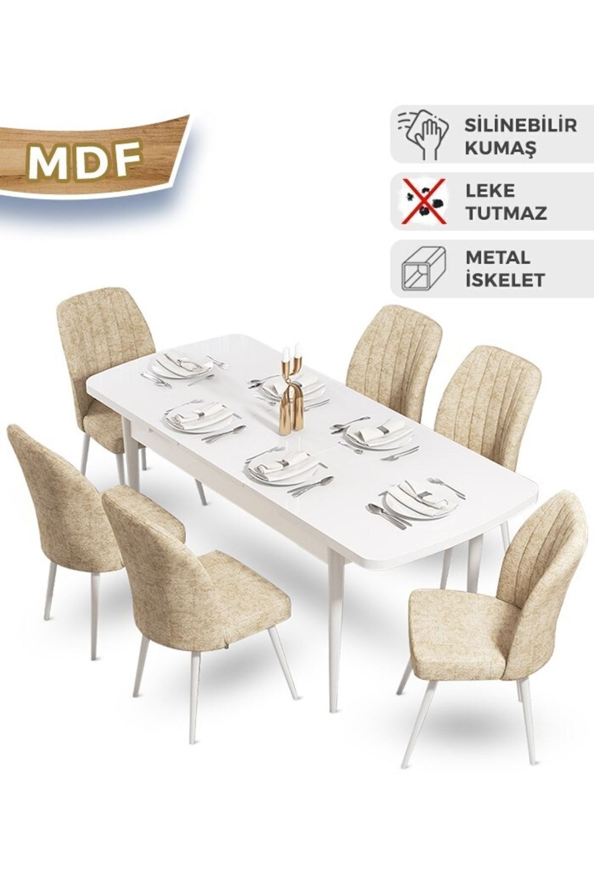 Mun Serisi 80x132 Açılabilir Mdf Beyaz Masa Takımı Ve 6 Sandalye