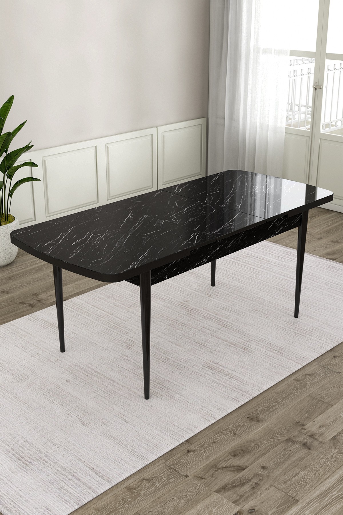 Elf Serisi 80x132 Açılabilir Siyah Mermer Desen Masa Takımı 4 Sandalye ve 1 Bench