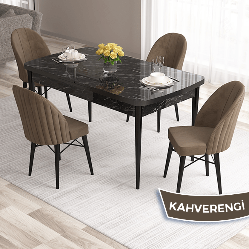 masa siyah mermer desen sandalye kahverengi