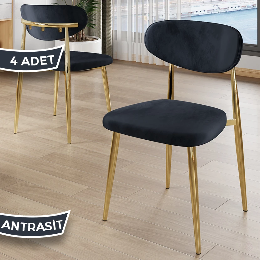 Laos Serisi 4 Adet Mutfak Sandalyesi Gold Kaplama Metal Ayak 1.Sınıf Babyface Kumaş