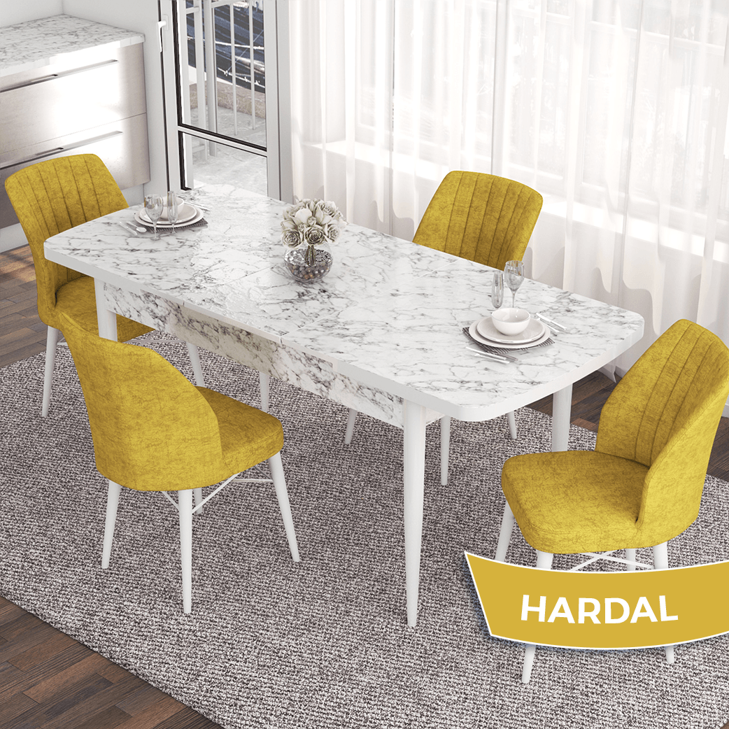 masa beyaz mermer desen sandalye hardal