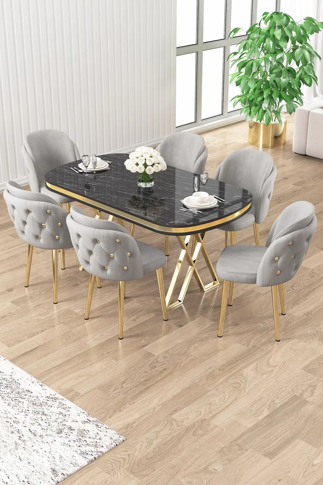 Zae Serisi 90x168 Lak Panel Sonata Masa ve 6 Sandalye Gold Kaplama