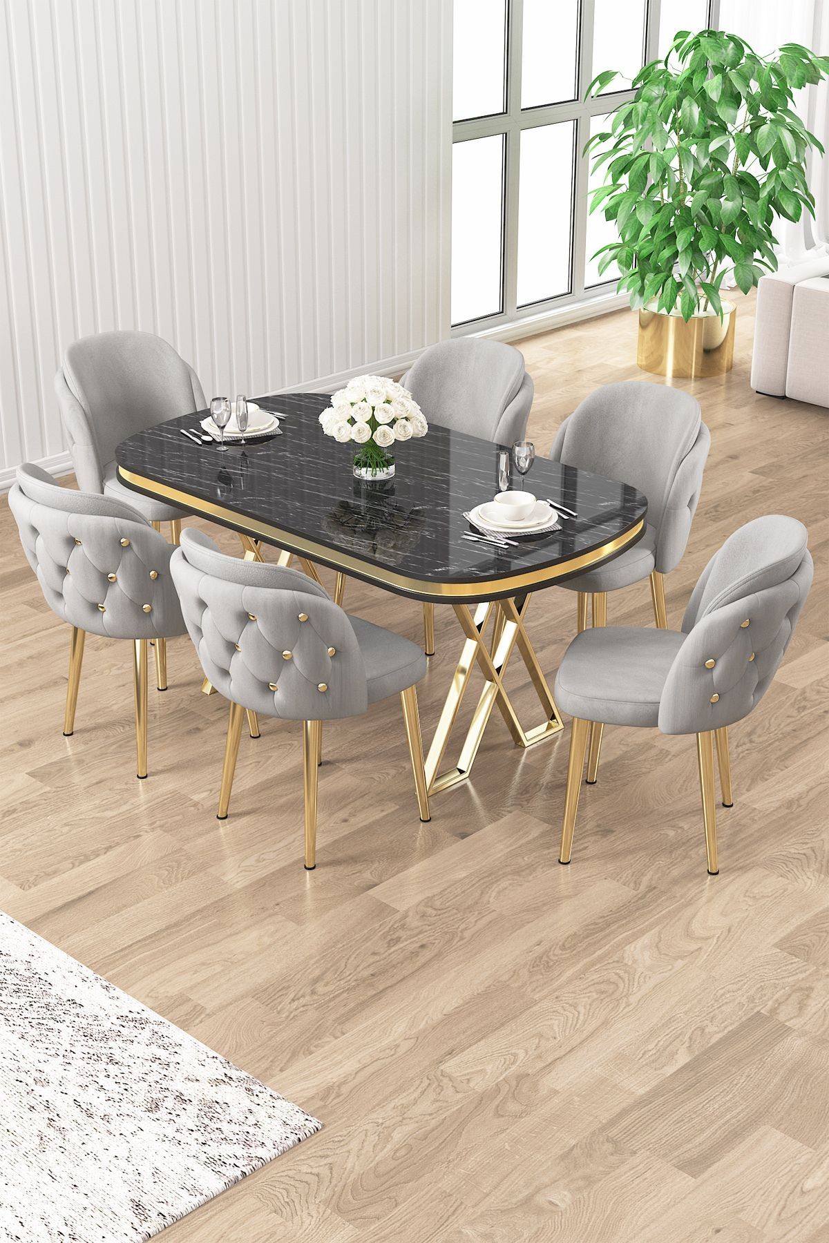 Zae Serisi 90x168 Lak Panel Sonata Masa ve 6 Sandalye Gold Kaplama Ayak