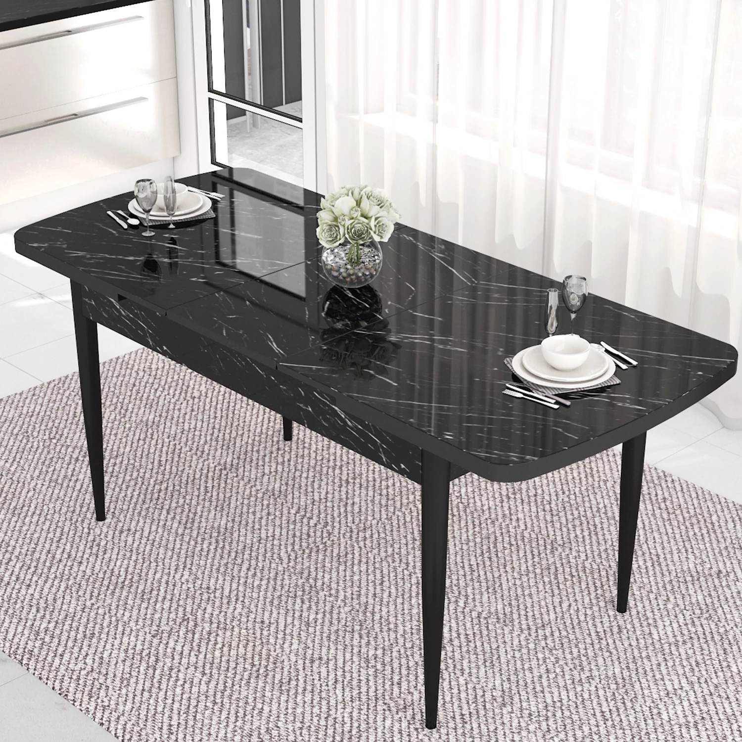 Eva Serisi 80x132 Açılabilir Mdf Siyah Mermer Desen Masa Takımı Ve 4 Sandalye