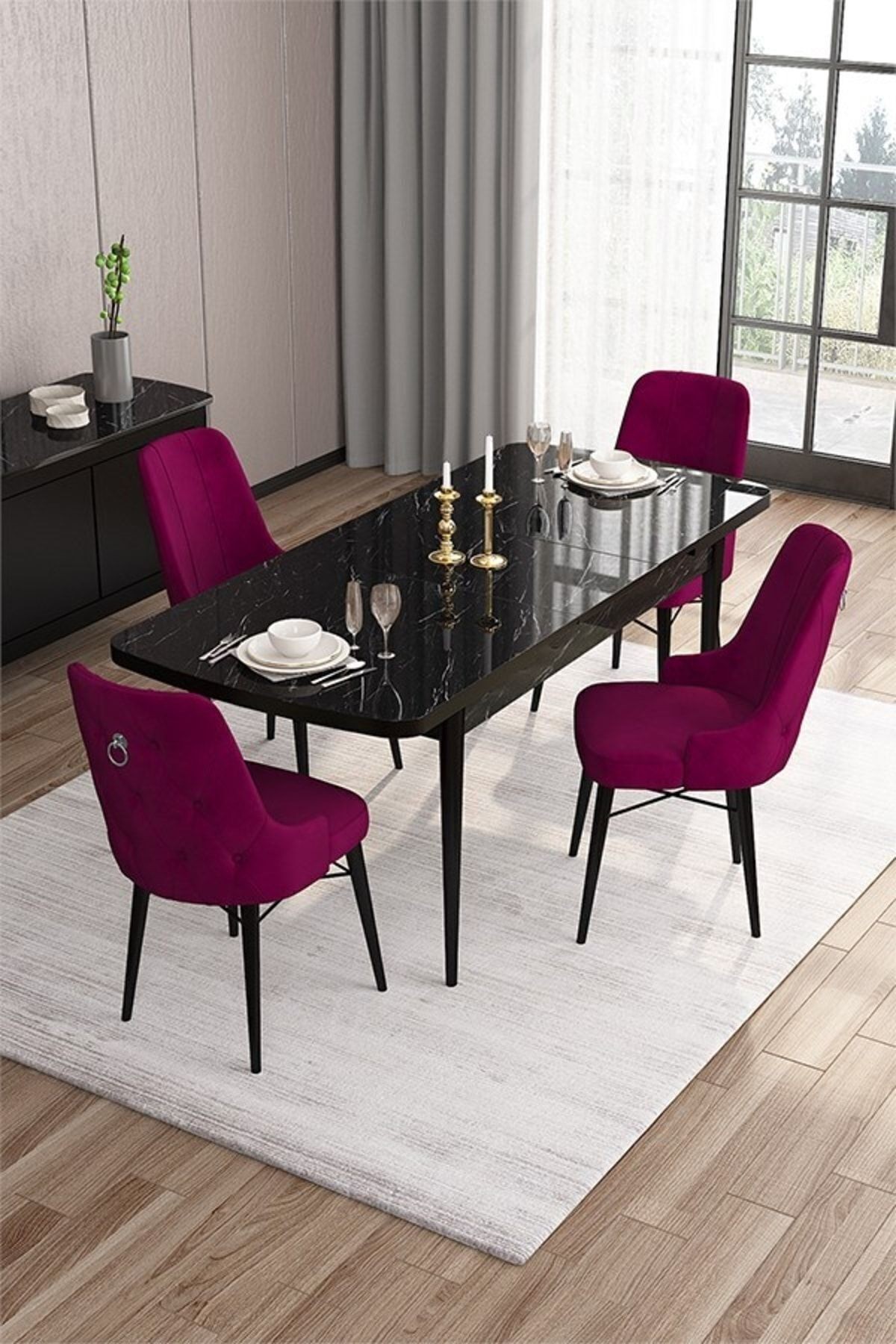 Are Serisi 80x132 Mdf Açılabilir Gümüş Halka Siyah Mermer Desen Masa Takımı Ve 4 Sandalye