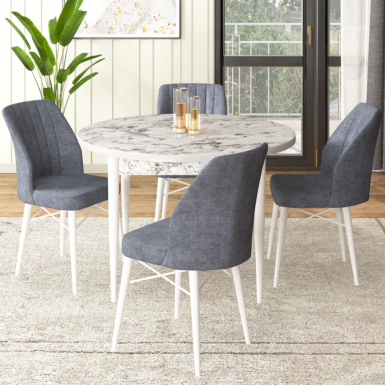 Rox Serisi 90x90 Yuvarlak Sabit Beyaz Mermer Desen Masa Takımı Ve 4 Sandalye