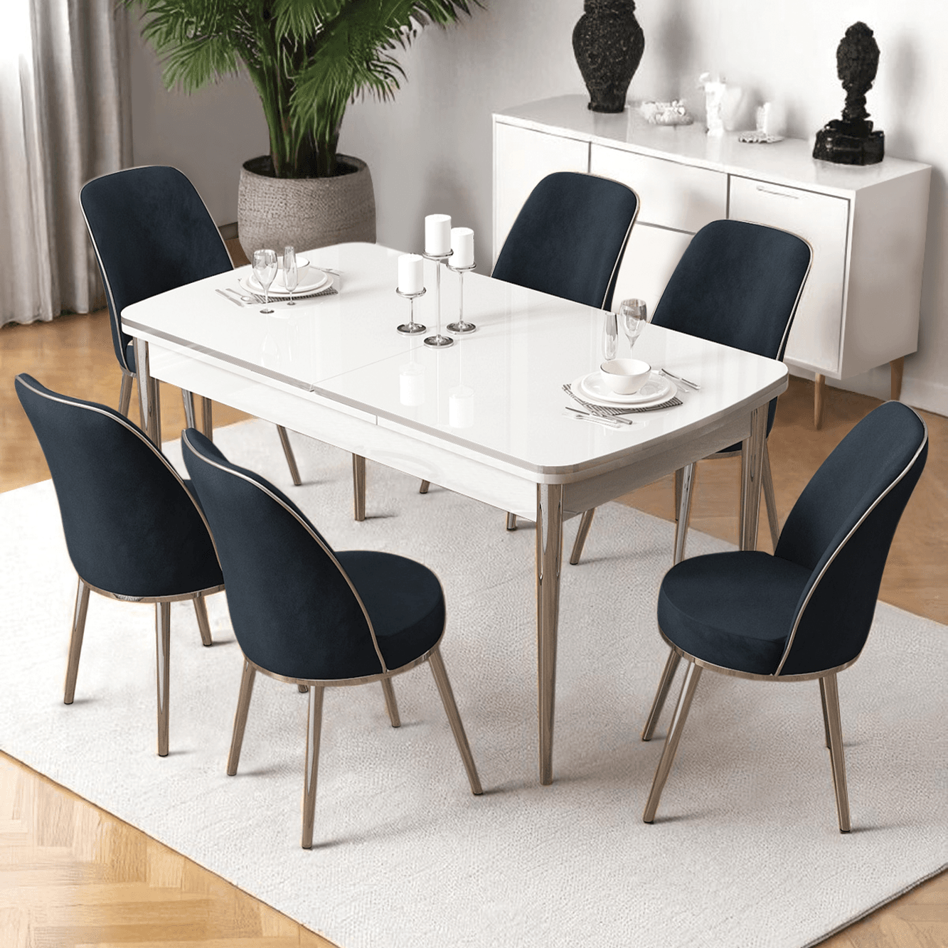 Nira Serisi 70x114 Mdf Açılabilir Beyaz Mutfak Masa Takımı 6 Sandalye Krom Detay