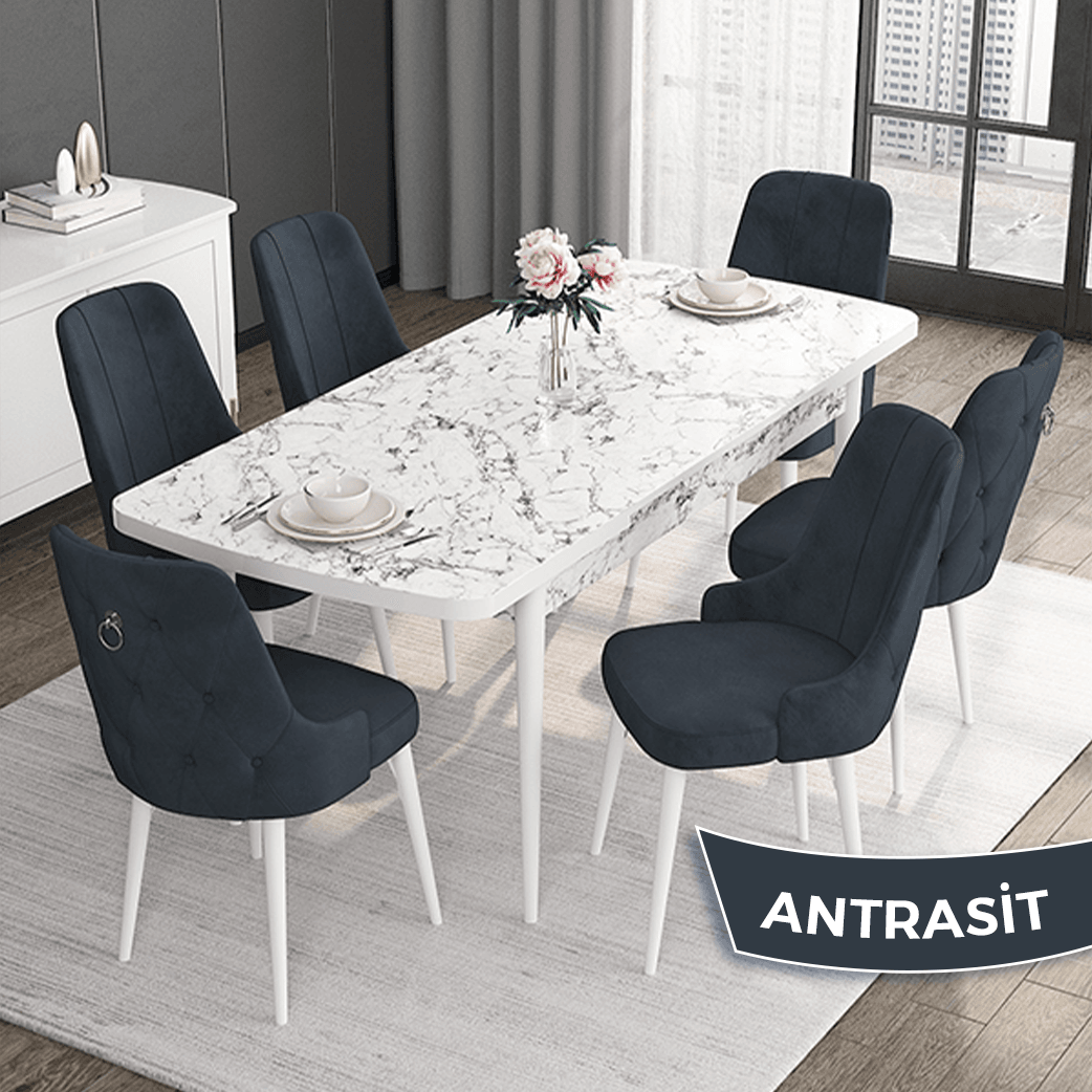 Antrasit Sandalye beyaz Mermer Desen Masaa