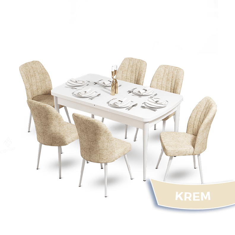 Mun Serisi 80x132 Açılabilir Mdf Beyaz Masa Takımı Ve 6 Sandalye