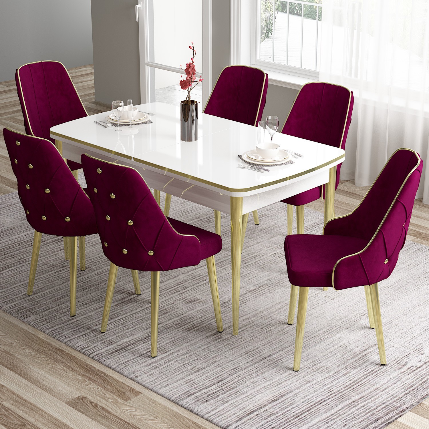 Tia Serisi 80x132 Mdf Açılabilir Gold Ayak Beyaz Masa Takımı Ve 6 Sandalye
