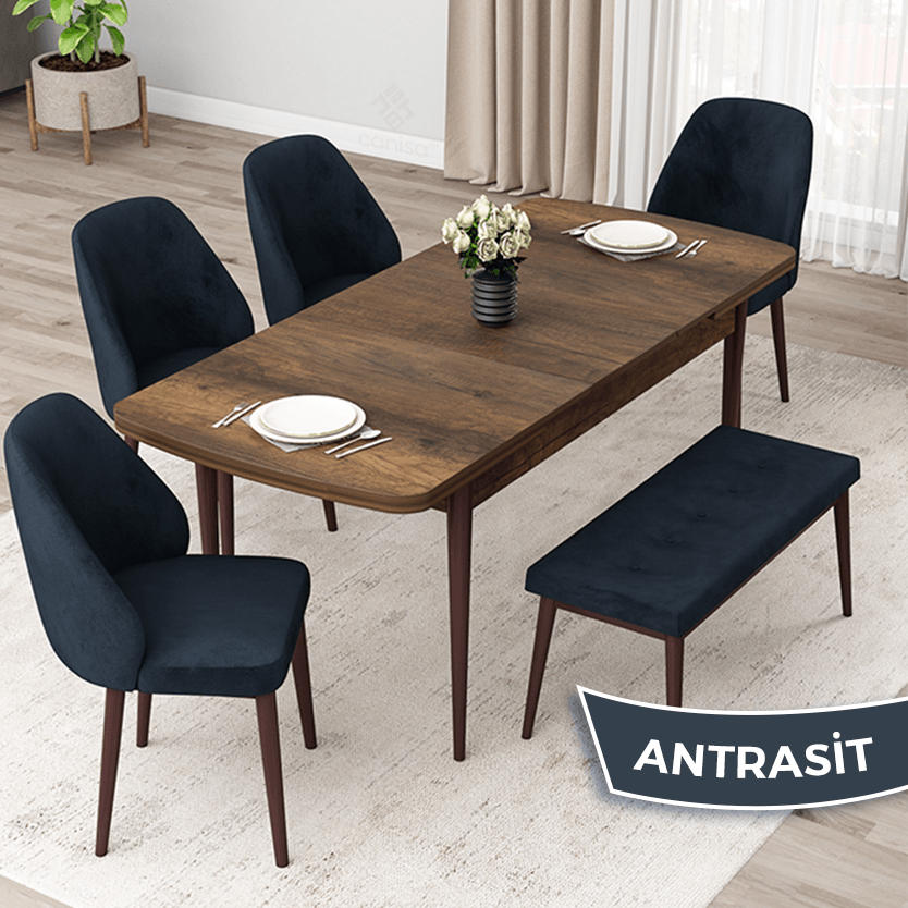 Orf Serisi 80x132 Açılabilir Barok Ahşap Desen Masa Takımı 4 Sandalye Ve 1 Bench