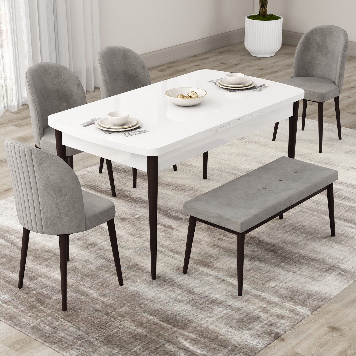 Roe Serisi 80x132 Açılabilir Beyaz Masa Kahverengi Ayak Masa Takımı 4 Sandalye Ve 1 Bench