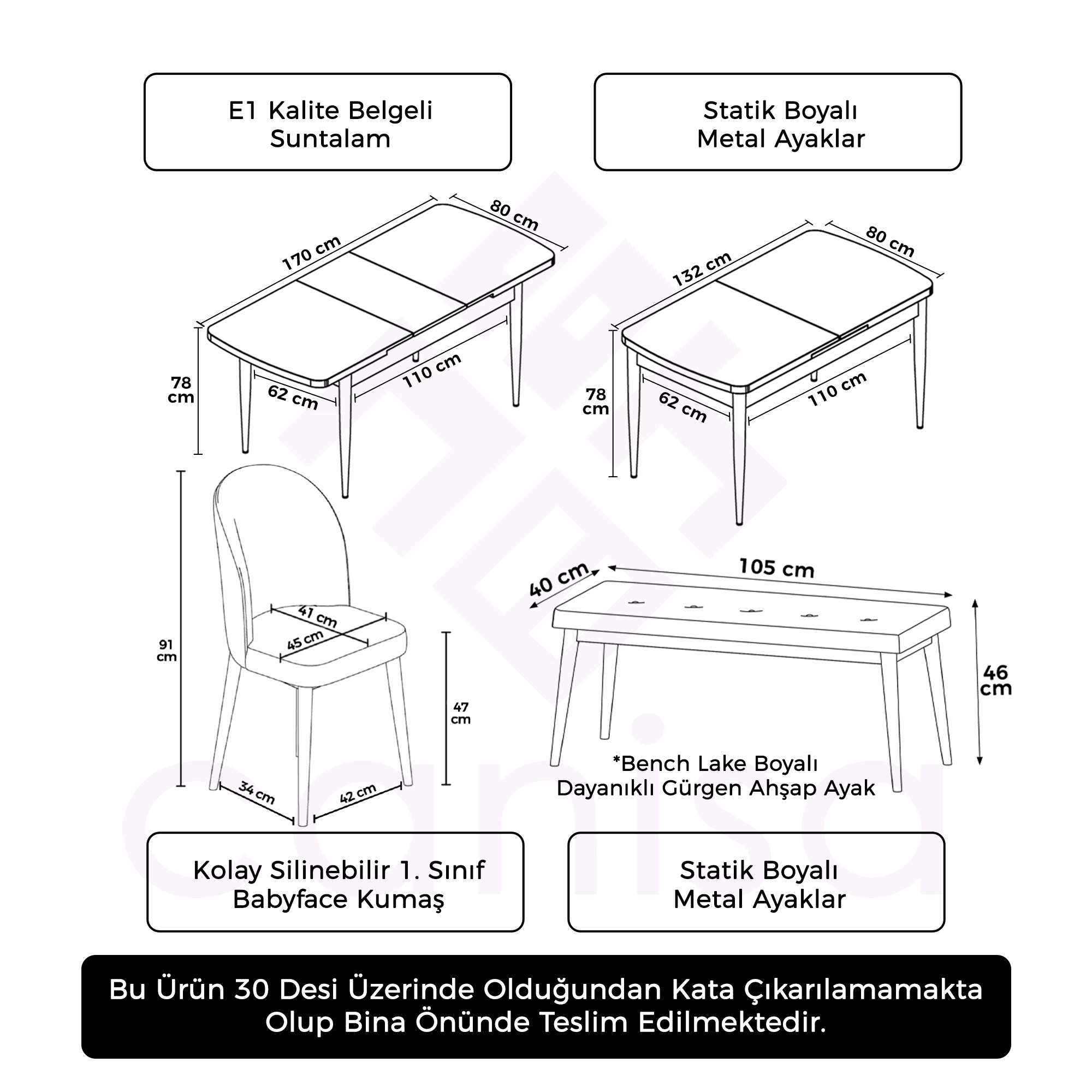 Jul Serisi 80x132 Açılabilir Siyah Mermer Desen Mutfak Masası Takımı 4 Sandalye Ve 1 Bench