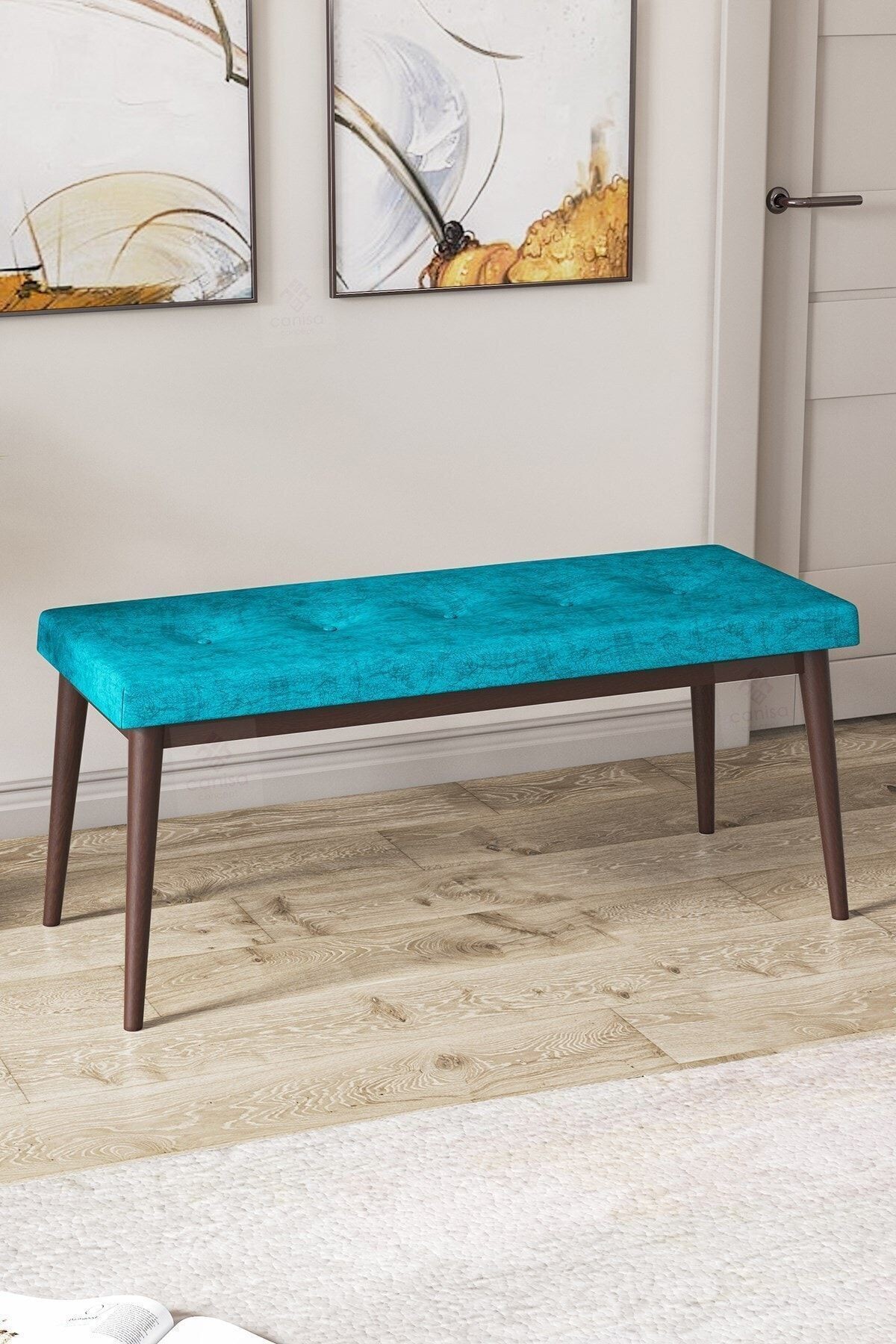 Pera Serisi Bench , Geniş Oturma Alanlı , 1. Sınıf Kumaş , Turkuaz Bench , Ceviz Gürgen Ayak