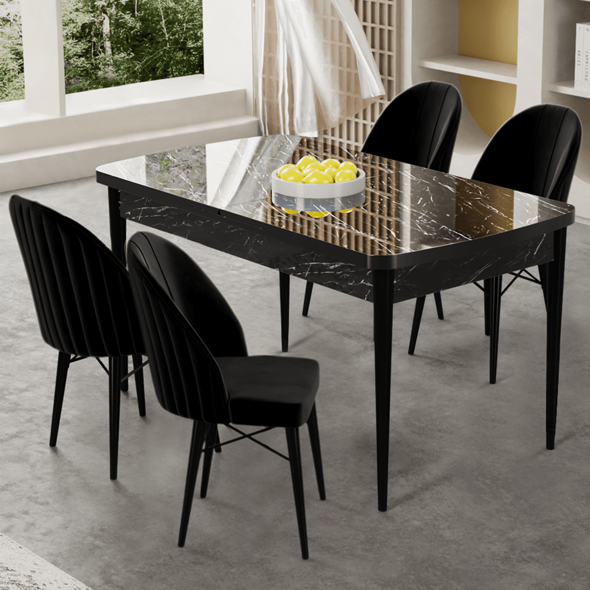 Gale Serisi 80x132 Açılabilir Lak Panel Siyah Mermer Desen Mutfak Masa Takımı 4 Sandalye