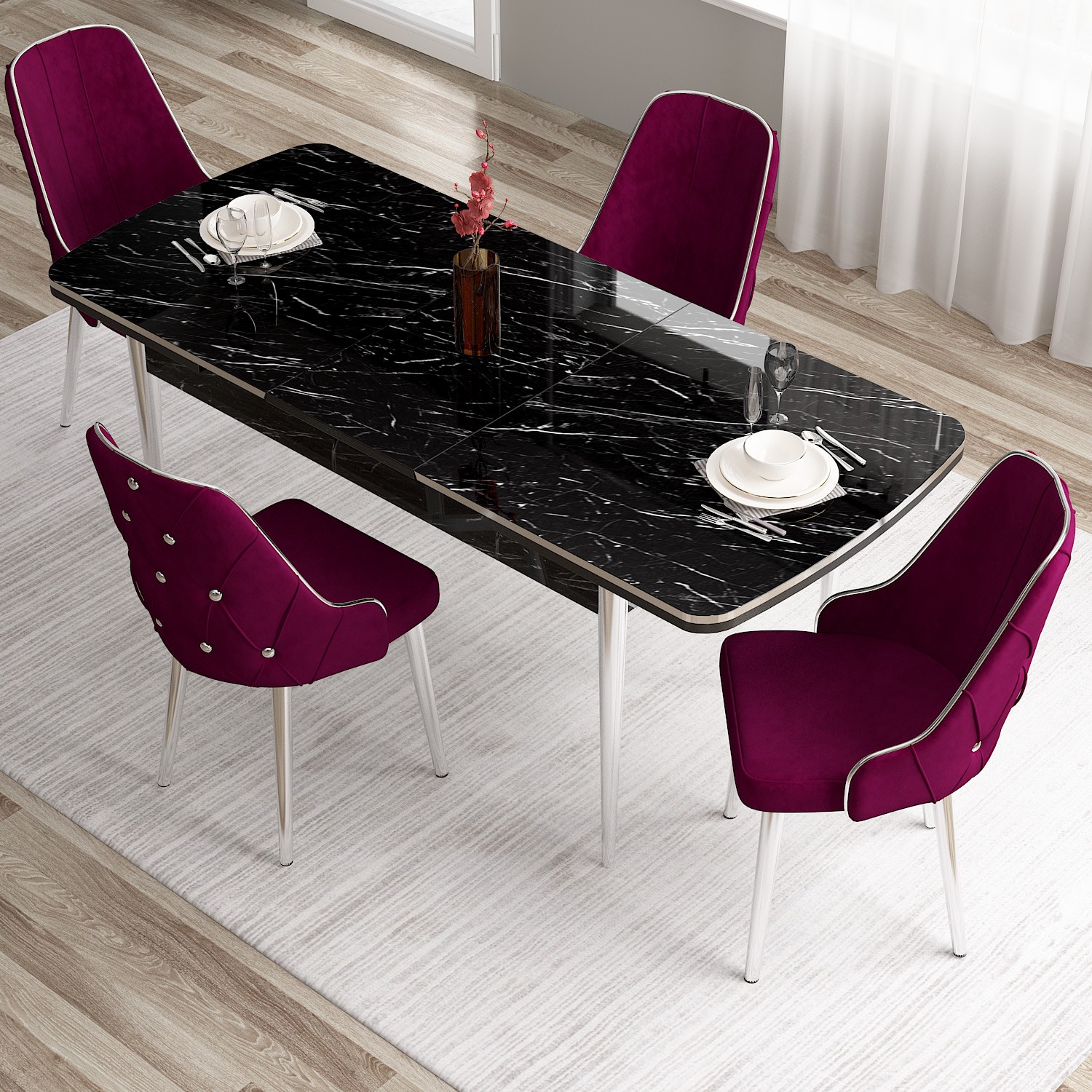 Tia Serisi 80x132 Mdf Açılabilir Krom Ayak Siyah Mermer Desen Masa Takımı Ve 4 Sandalye