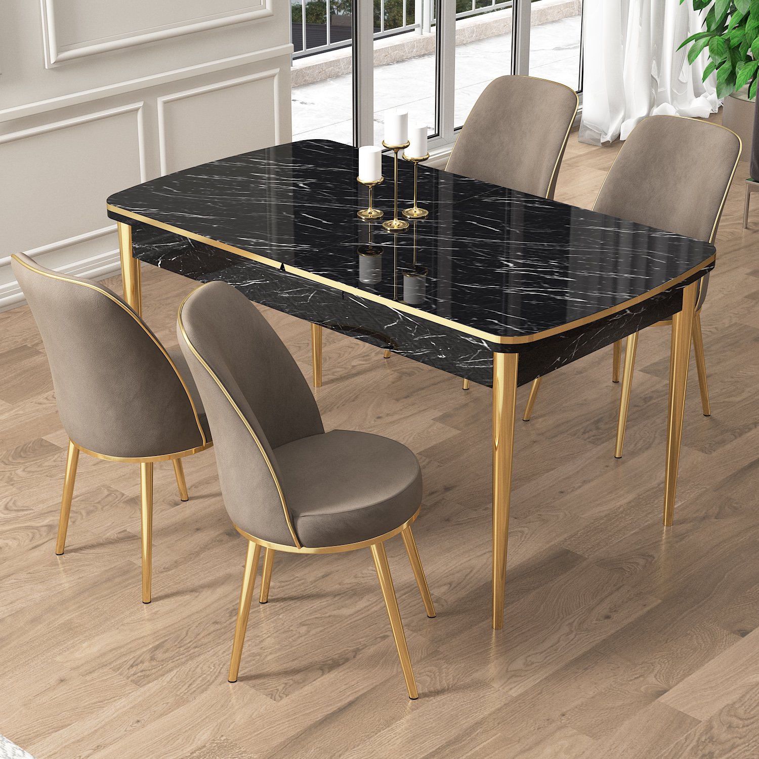 Pale Serisi 80x132 Açılabilir Siyah Mermer Desen Gold Detay Masa Takımı ve 4 Sandalye