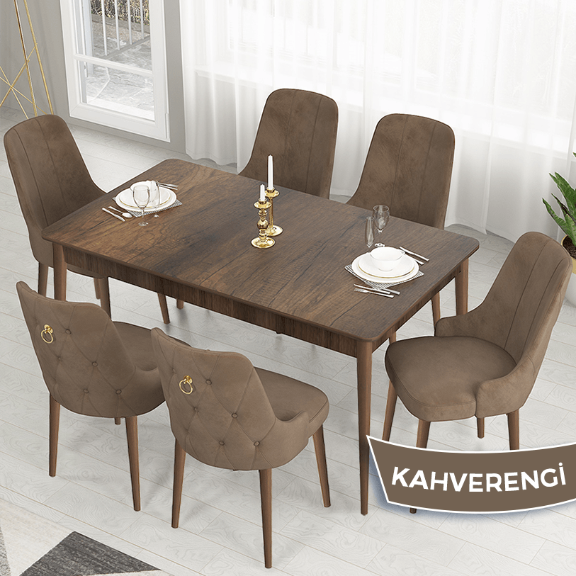 Kahverengi Sandalye Barok Ahşap Desen Masa