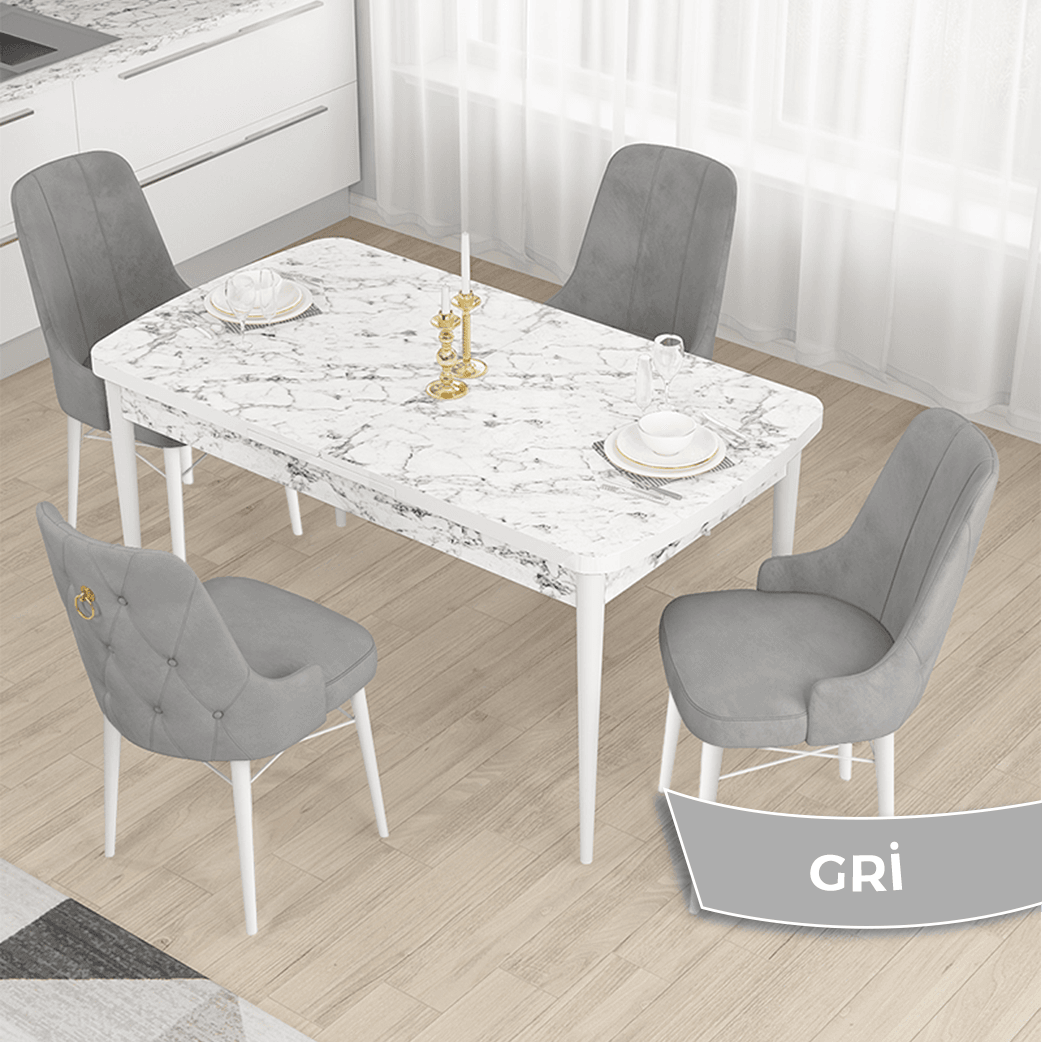 Gri Sandalye Beyaz Mermer Desen Masa