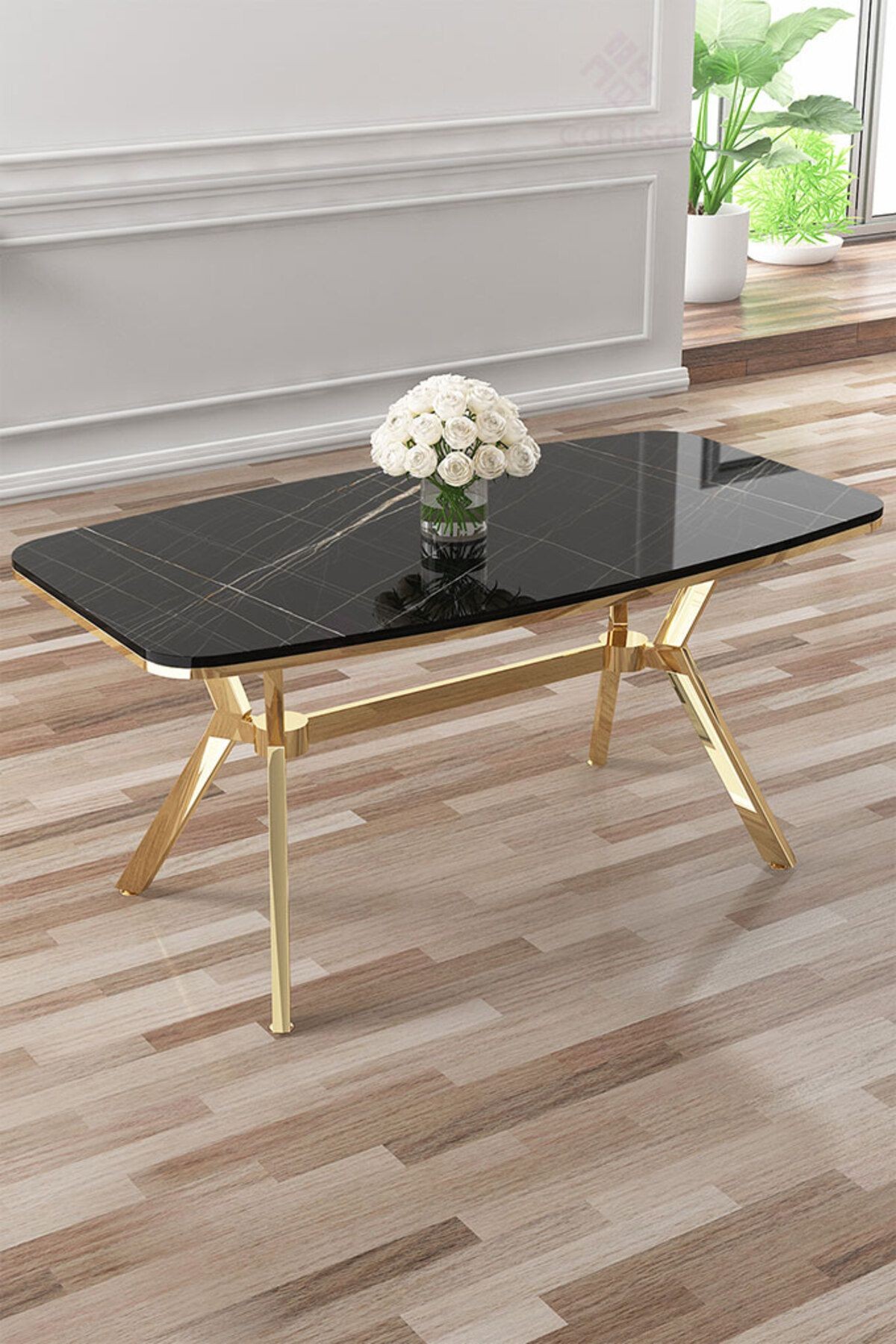 Asel Serisi 90x160 Lak Panel Sonata Masa ve 6 Sandalye Gold Kaplama Ayak