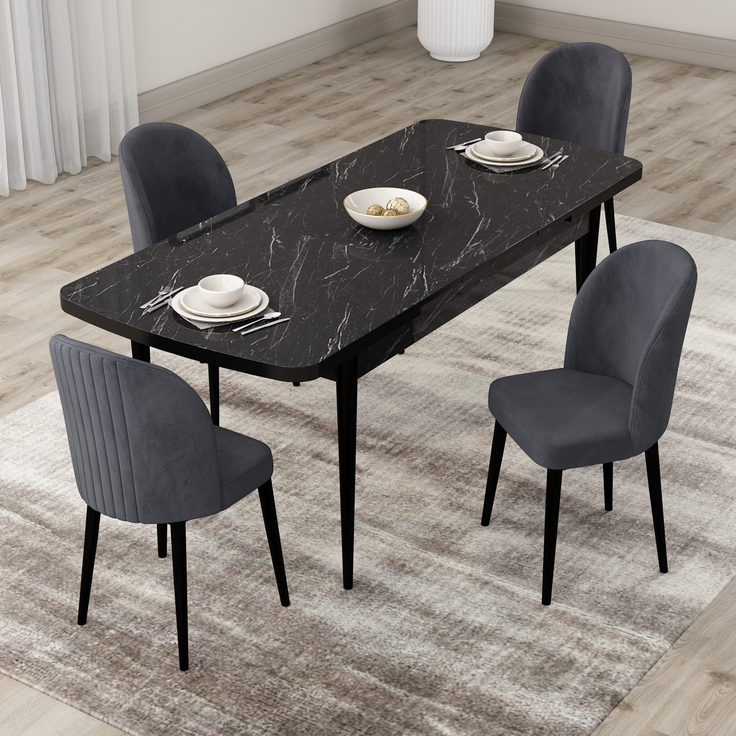 Roe Serisi 80x132 Açılabilir Siyah Mermer Desen Masa Takımı Ve 4 Sandalye