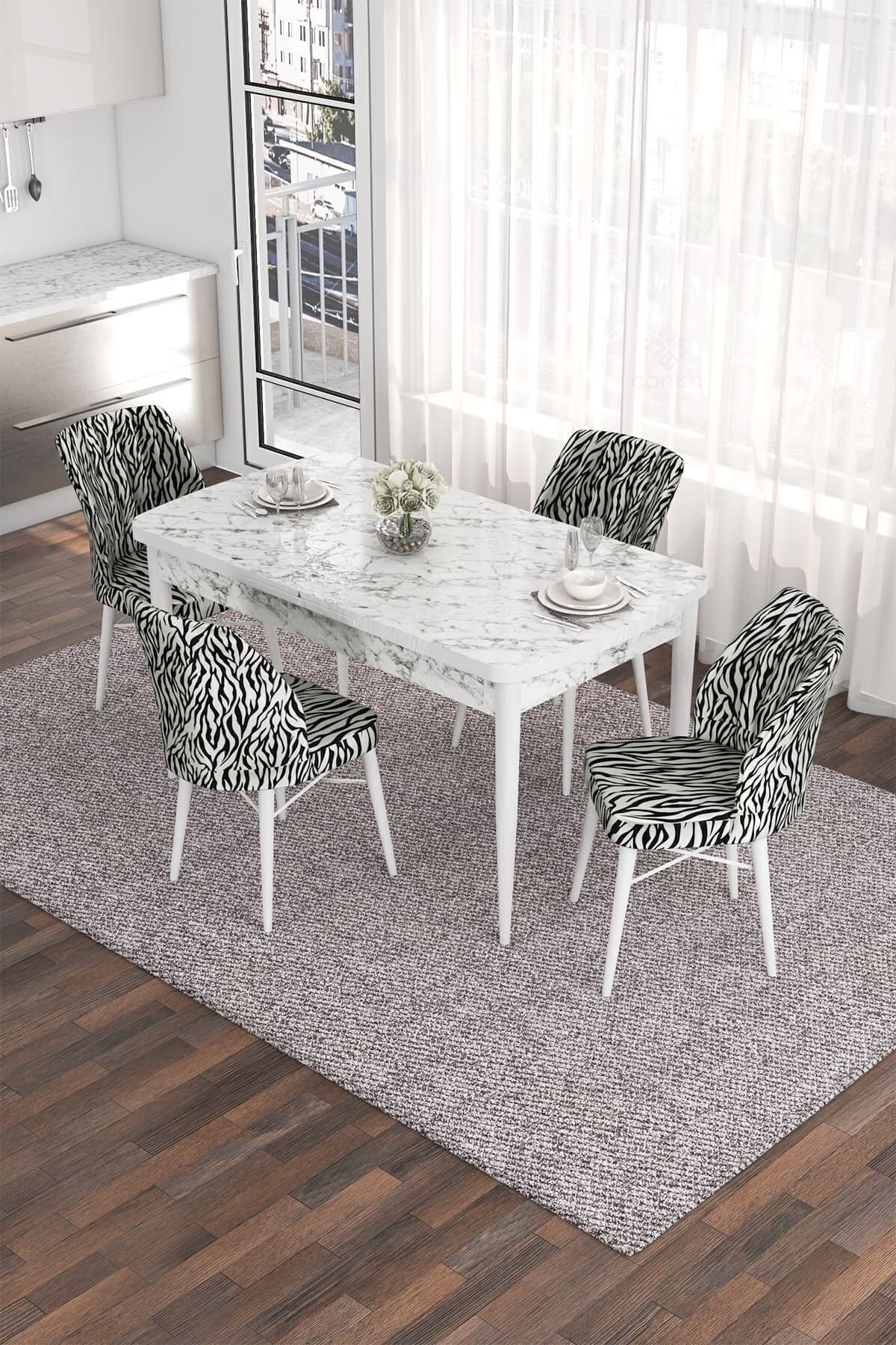 masa beyaz mermer desen sandalye zebra