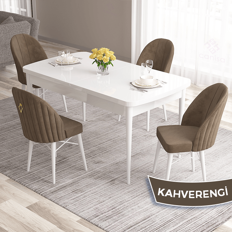Roz Serisi 80x132 Açılabilir Mdf Gold Halka Beyaz Masa Takımı Ve 4 Sandalye
