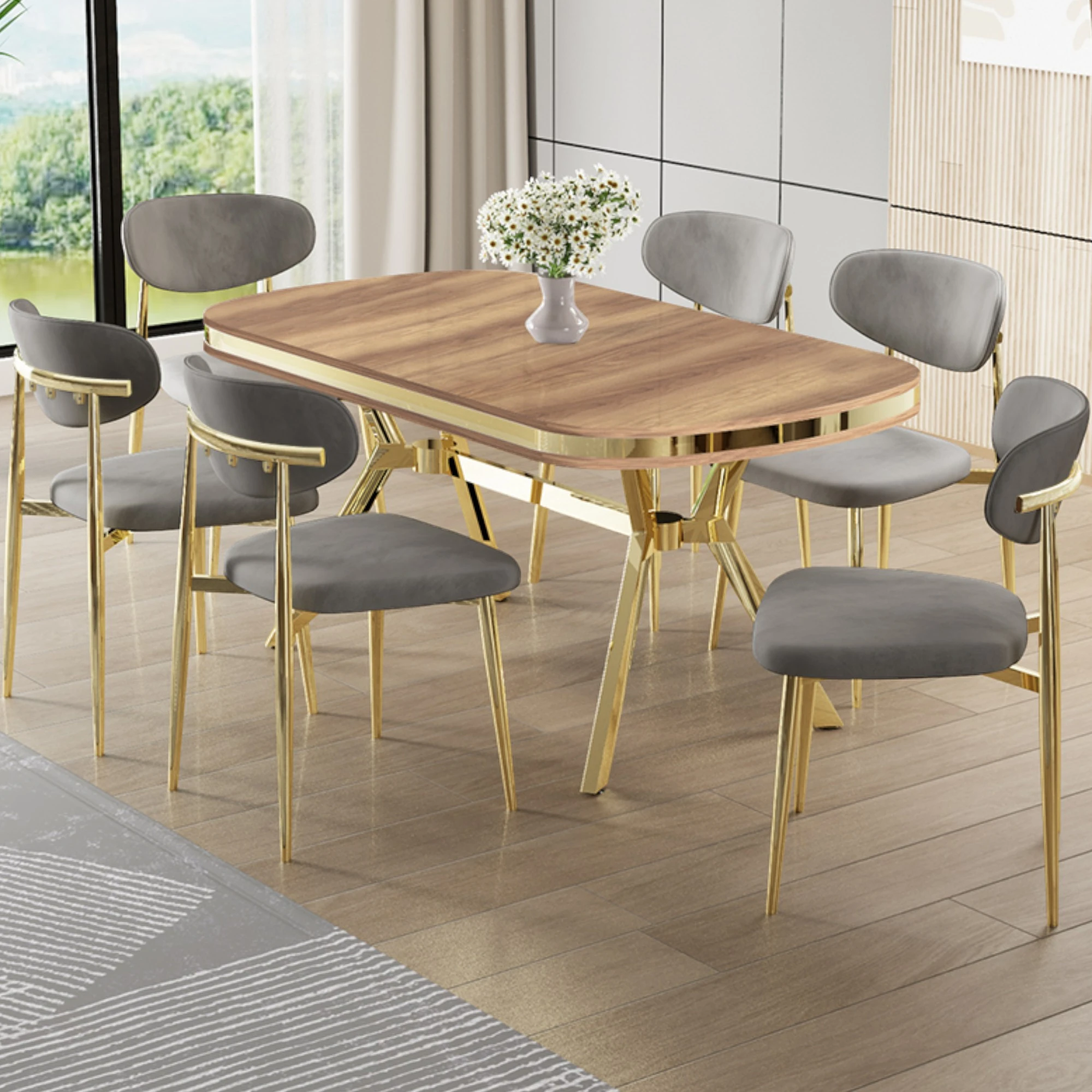 Olya Serisi 90x168 Lak Panel Hazar Masa Takımı Gold Ayaklı 6 Sandalye