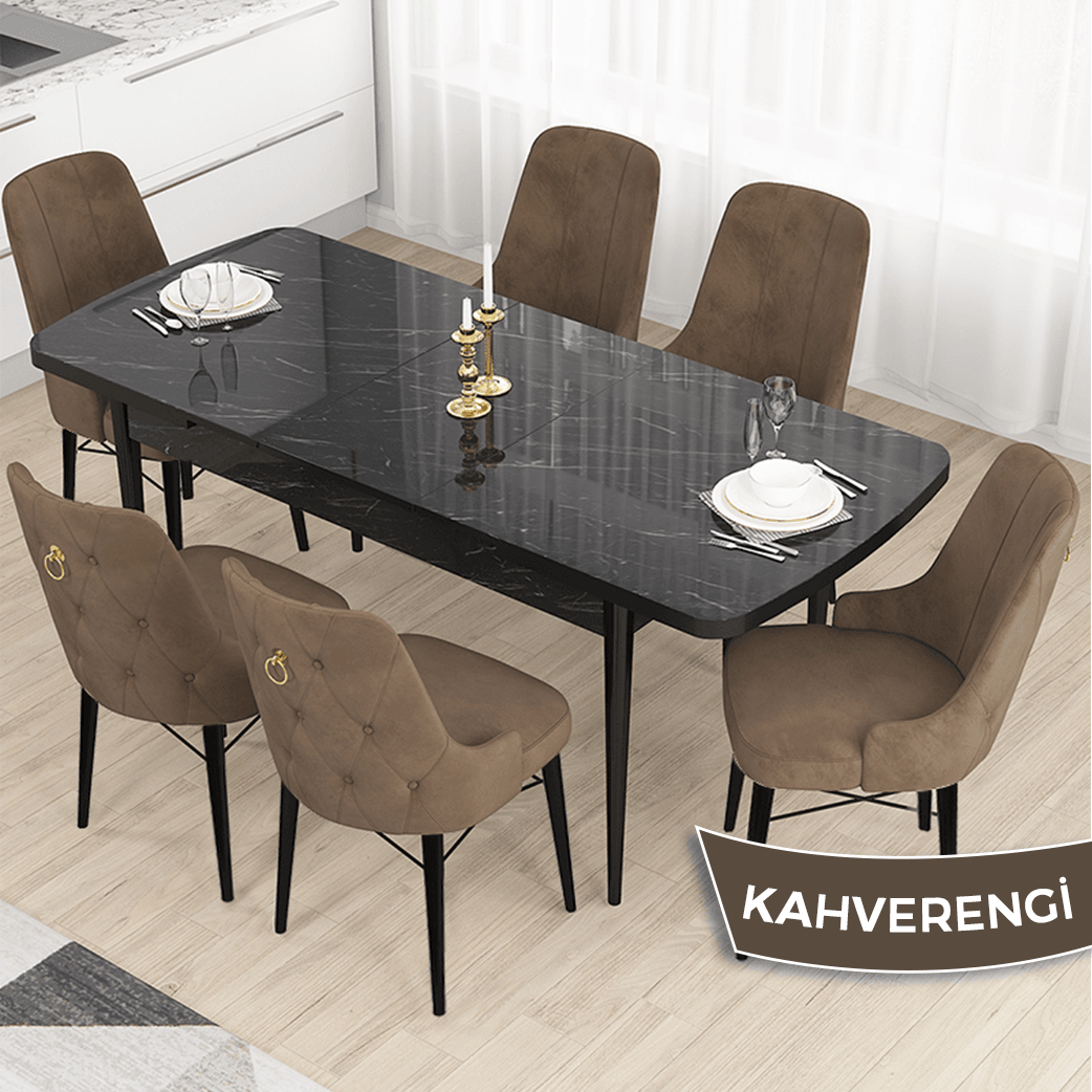 Kahve Sandalye Siyah Mermer Desen Masa