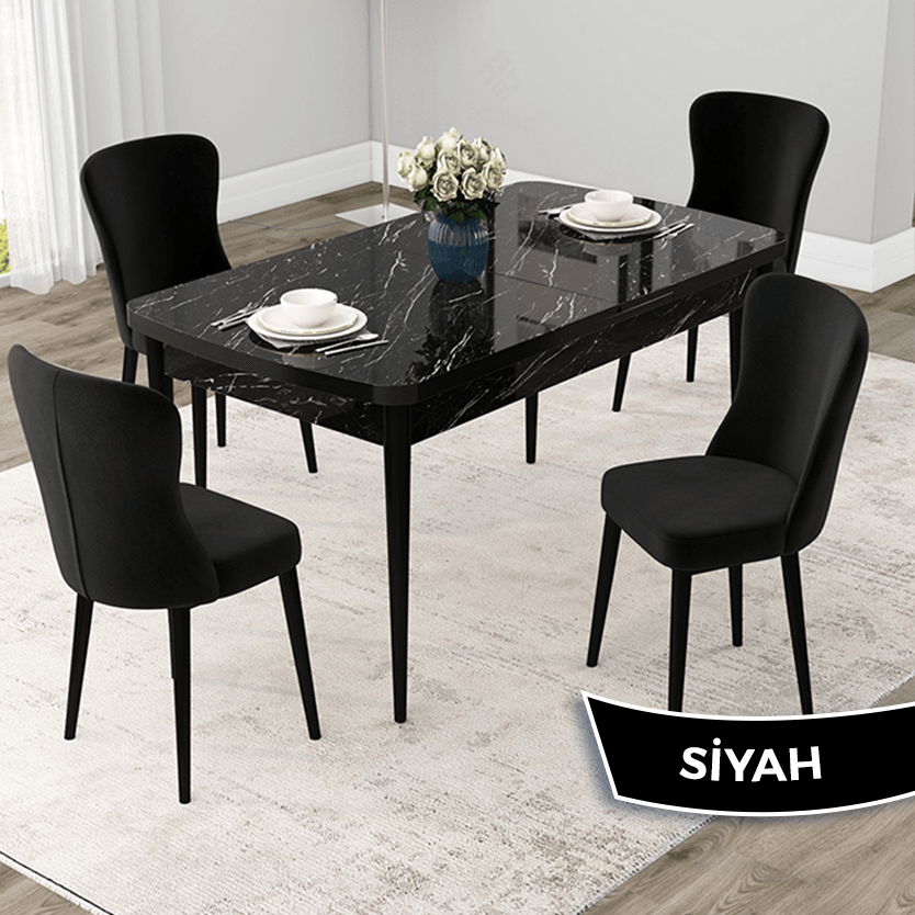 Siyah Mermer Desen Masa Siyah Sandalye