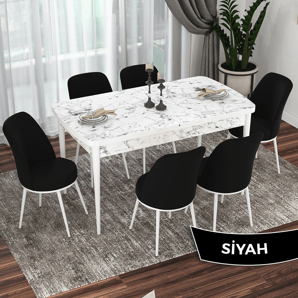 beyaz mermer masa sandalye siyah