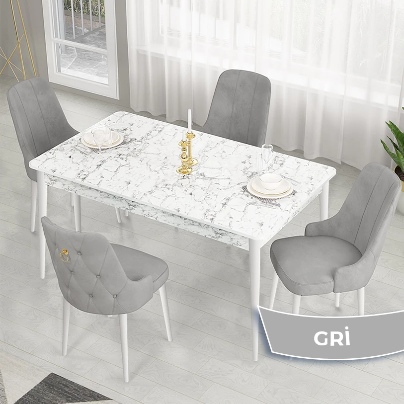 Lav Serisi 80x130 Sabit Beyaz Mermer Desen Masa Takımı Ve 4 Sandalye
