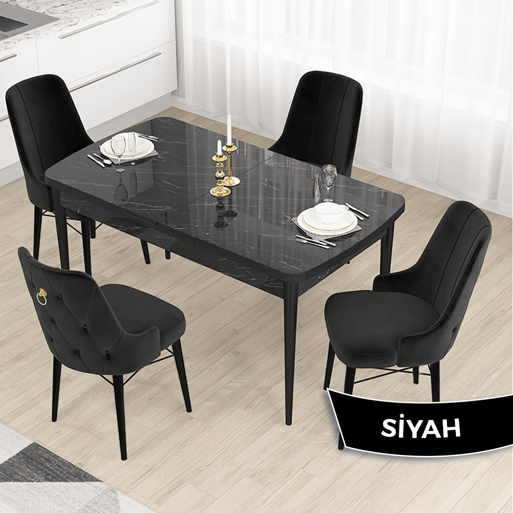 Siyah Sandalye Siyah Mermer Desen Masa