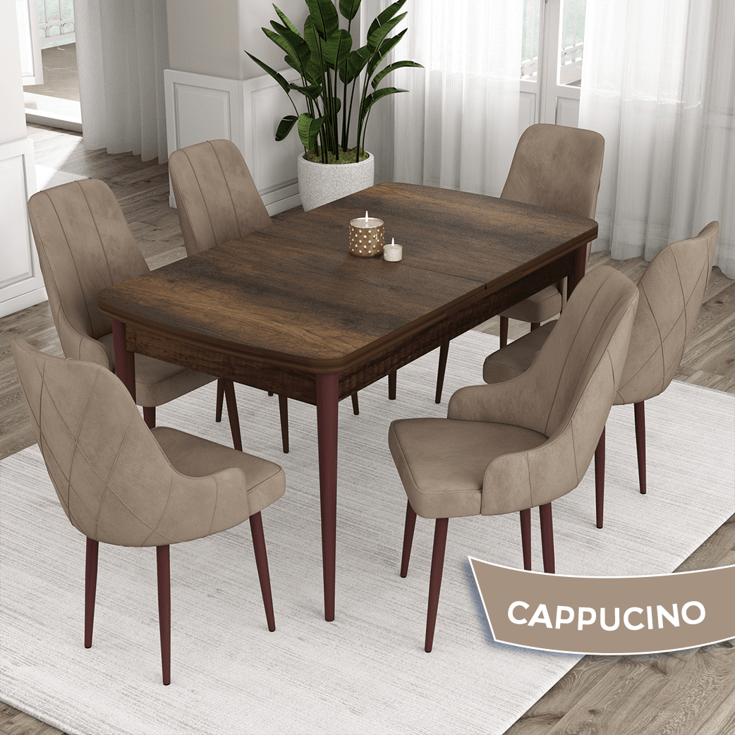 Ram Serisi 80x132 Açılabilir Barok Ahşap Desen Masa Takımı ve 6 Sandalye